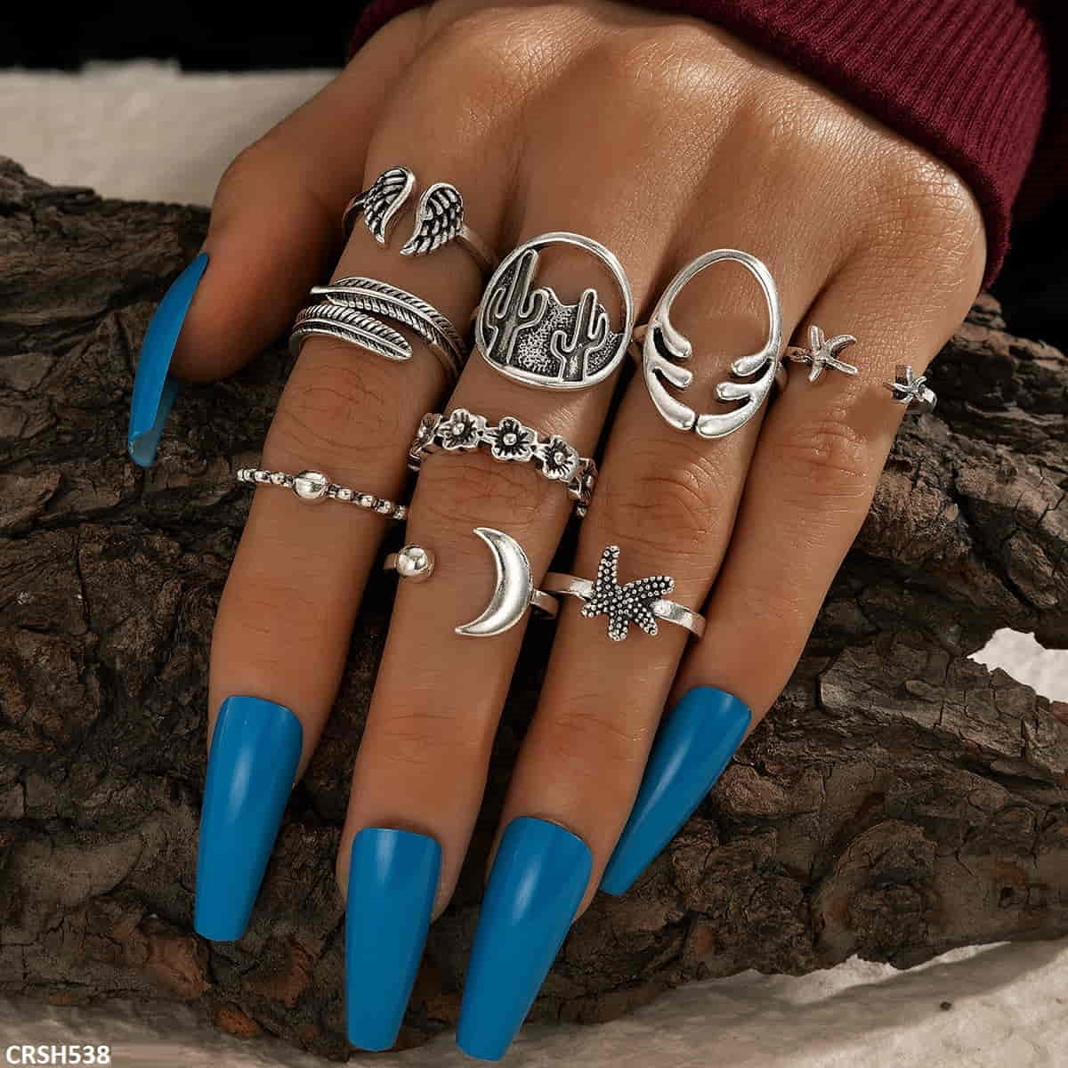 CRSH538 YYE Star Fish/Cactus/Wings 9 Midi Rings - CRSH