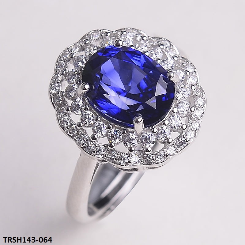 Blue Oval Flower Adjustable Ring