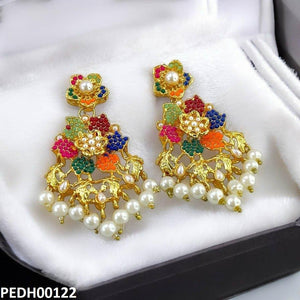 PEDH00122 FRN Multi Flower Pearl Drop Earrings - PEDH