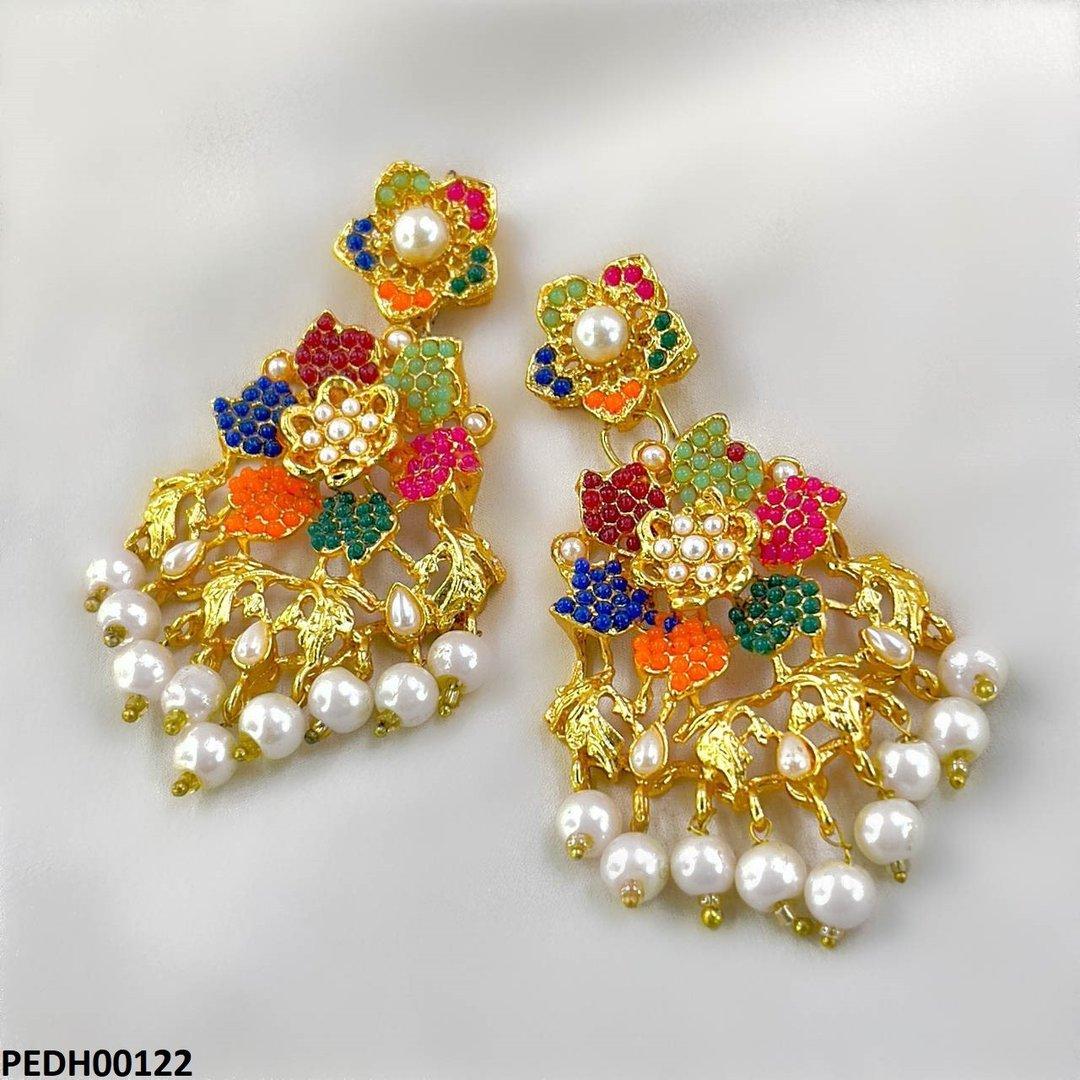 PEDH00122 FRN Multi Flower Pearl Drop Earrings - PEDH